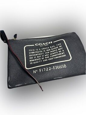 Coach Black Leather Pouch with White Storypatch and Brown Wrist Strap